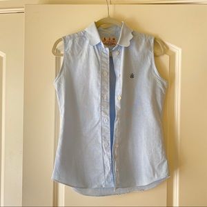 Sleeveless scalloped chambray button down